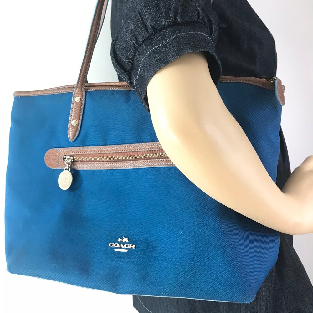 COACH Large Blue Brown Fabric Shoppers Tote - Picture 7 of 8